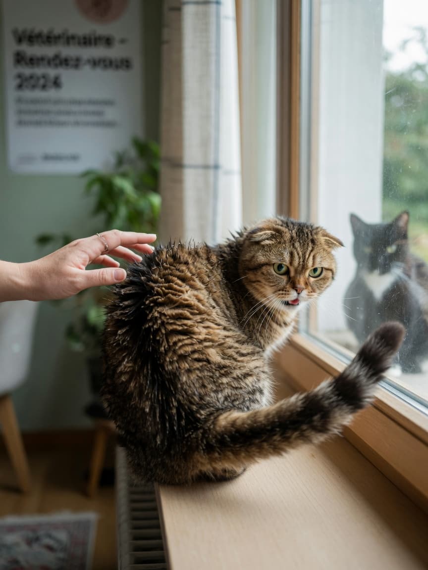 Aroused tabby cat with bristled fur and dilated pupils staring intently at window, owner's hand approaching as cat shows signs of redirected aggression
