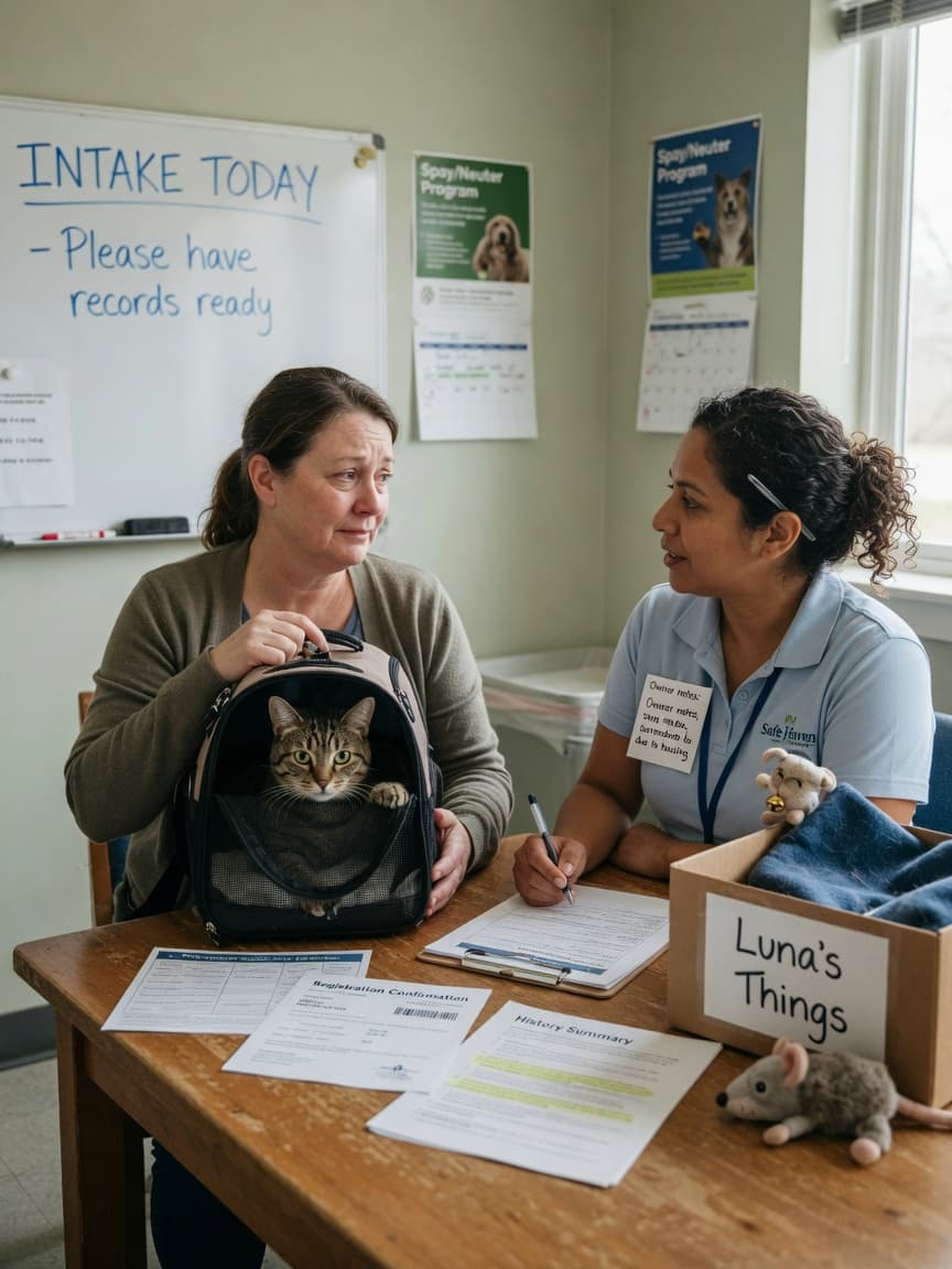 Woman surrendering cat to shelter with medical records and familiar items on intake table