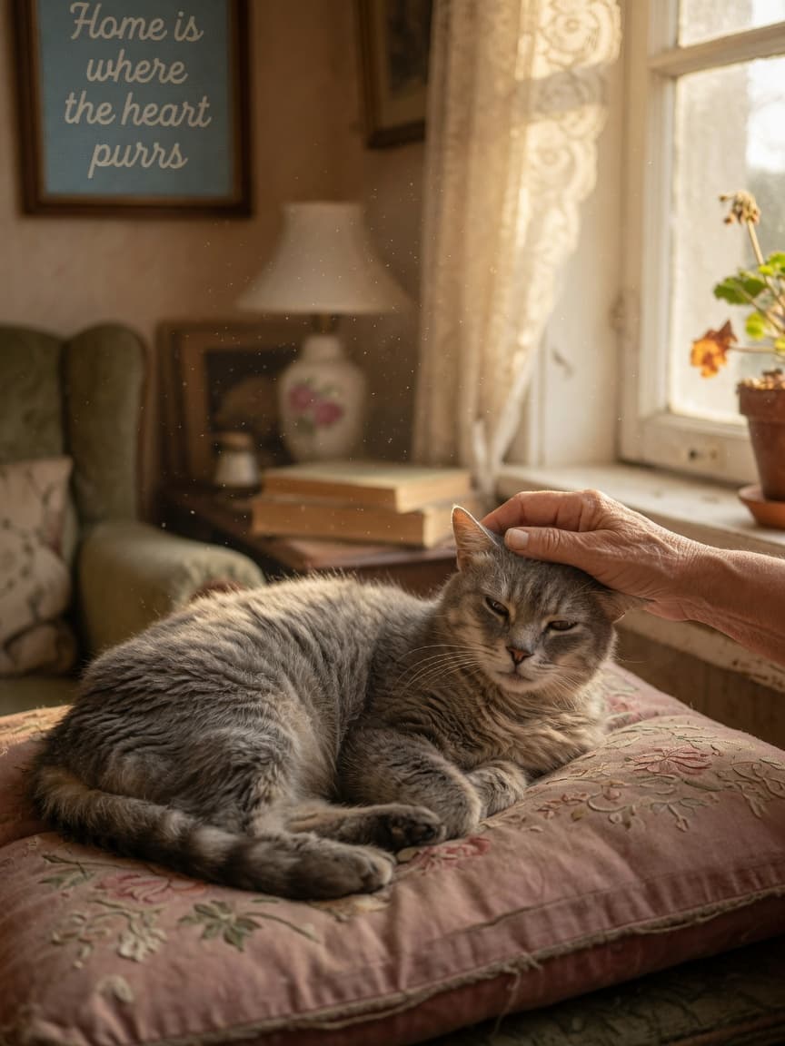 Elderly tabby cat resting peacefully by a sunny window with an older woman's gentle hand on its head