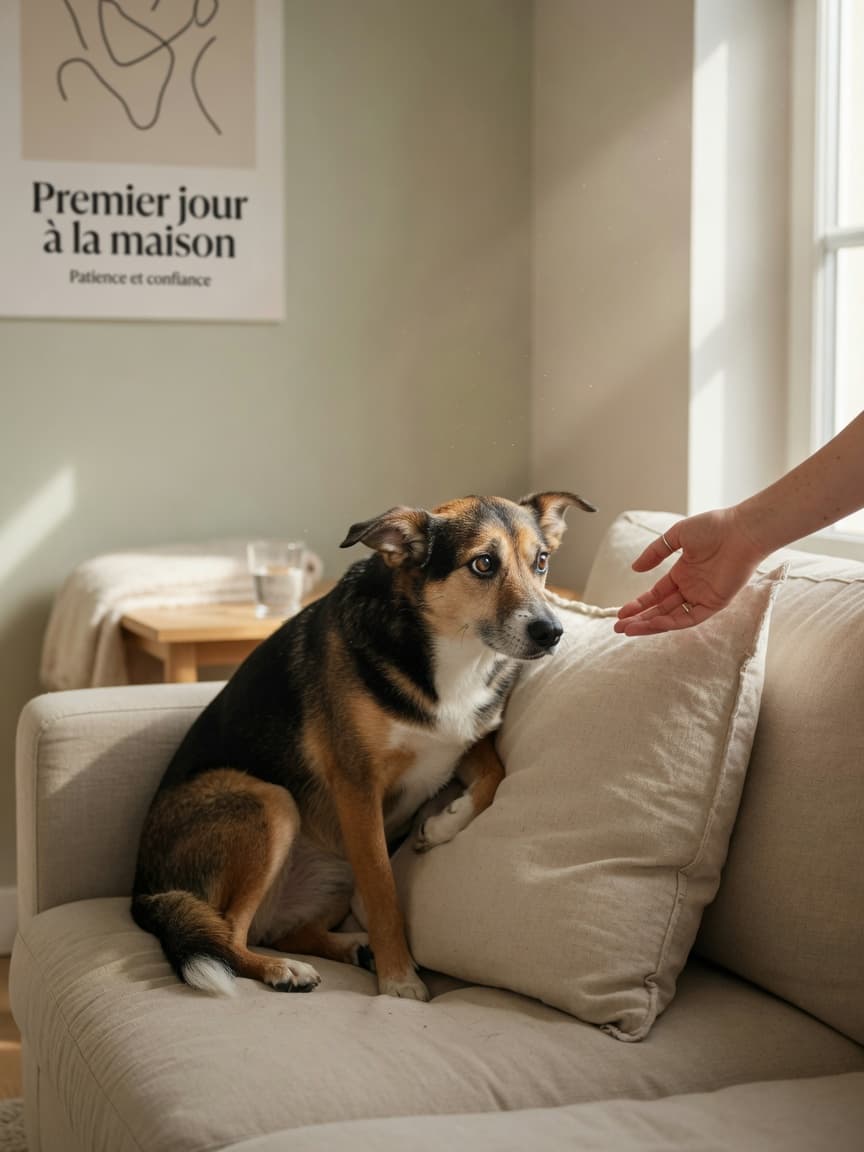 Nervous rescue dog hiding behind sofa cushion on first day home, reaching hand offering gentle comfort without forcing interaction