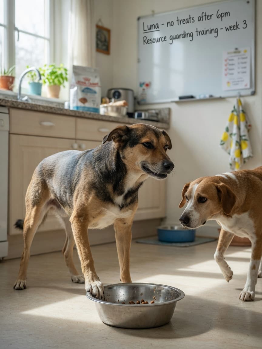 Two dogs at a food bowl showing tension and resource guarding behavior, with one dog displaying stiffened posture over the bowl