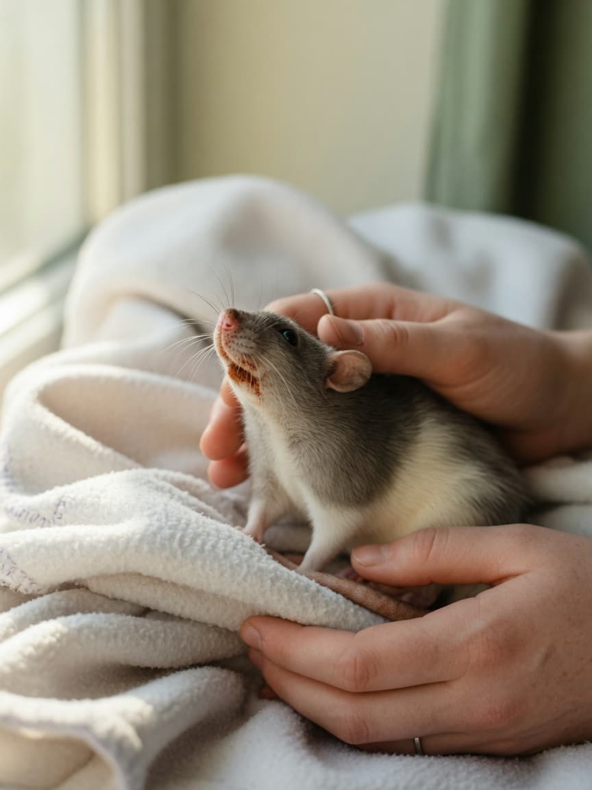 Pet rat with porphyrin staining cradled gently in owner's protective hands in natural window light