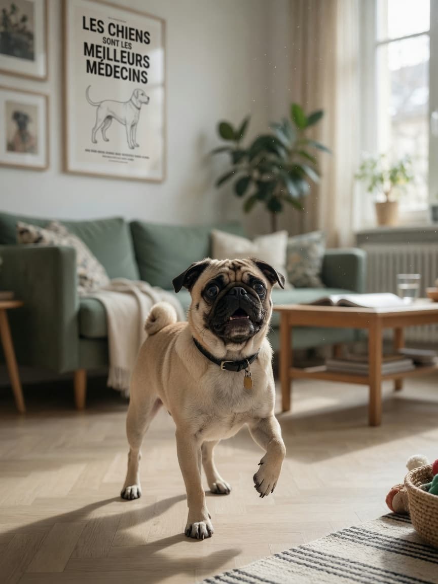 Pug experiencing reverse sneeze with extended neck and alert posture in home setting