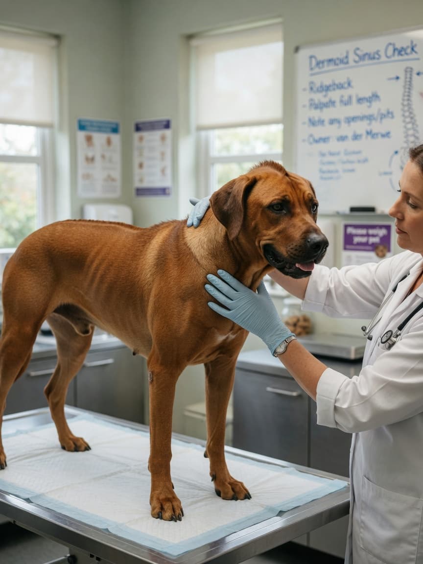 Veterinarian examining a Rhodesian Ridgeback for dermoid sinus along the dog's spine during a health check