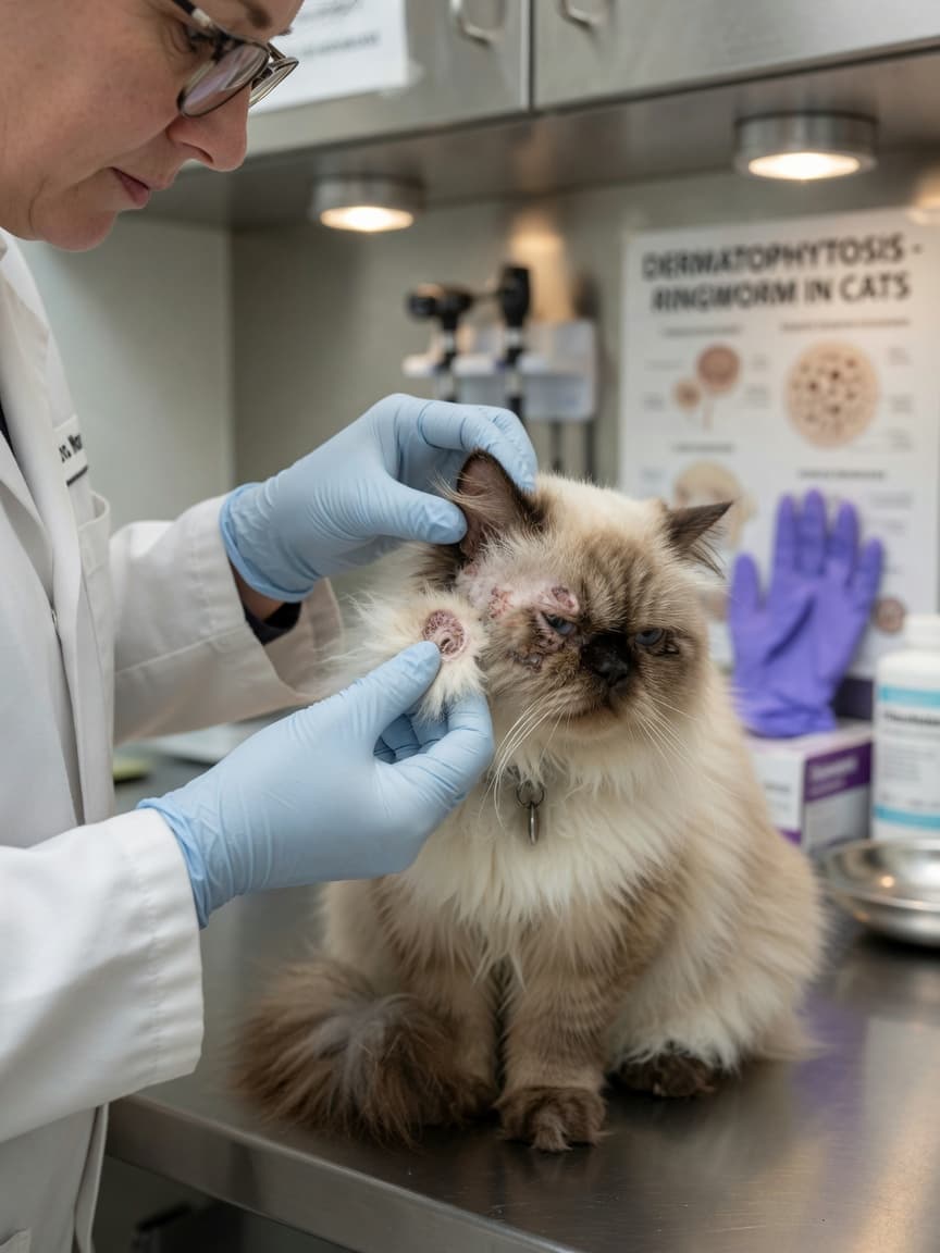 Veterinarian examining a long-haired cat's ringworm lesions during a clinical examination