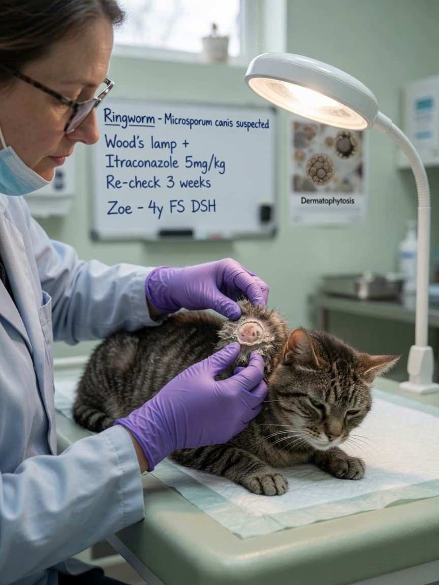 Veterinarian examining a cat's ringworm skin lesion during a dermatological consultation