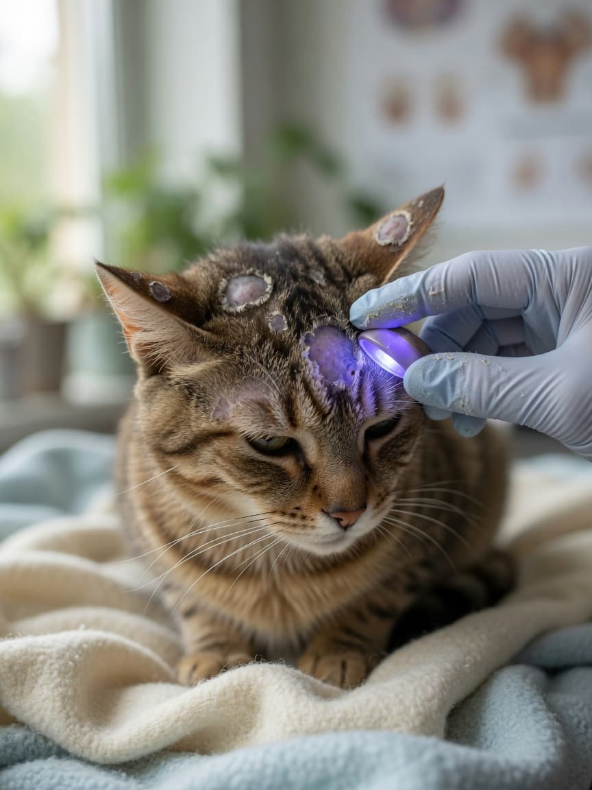 Close-up of a cat's head showing circular patches of hair loss with scaly margins typical of ringworm, being examined with a Wood's lamp by a veterinarian