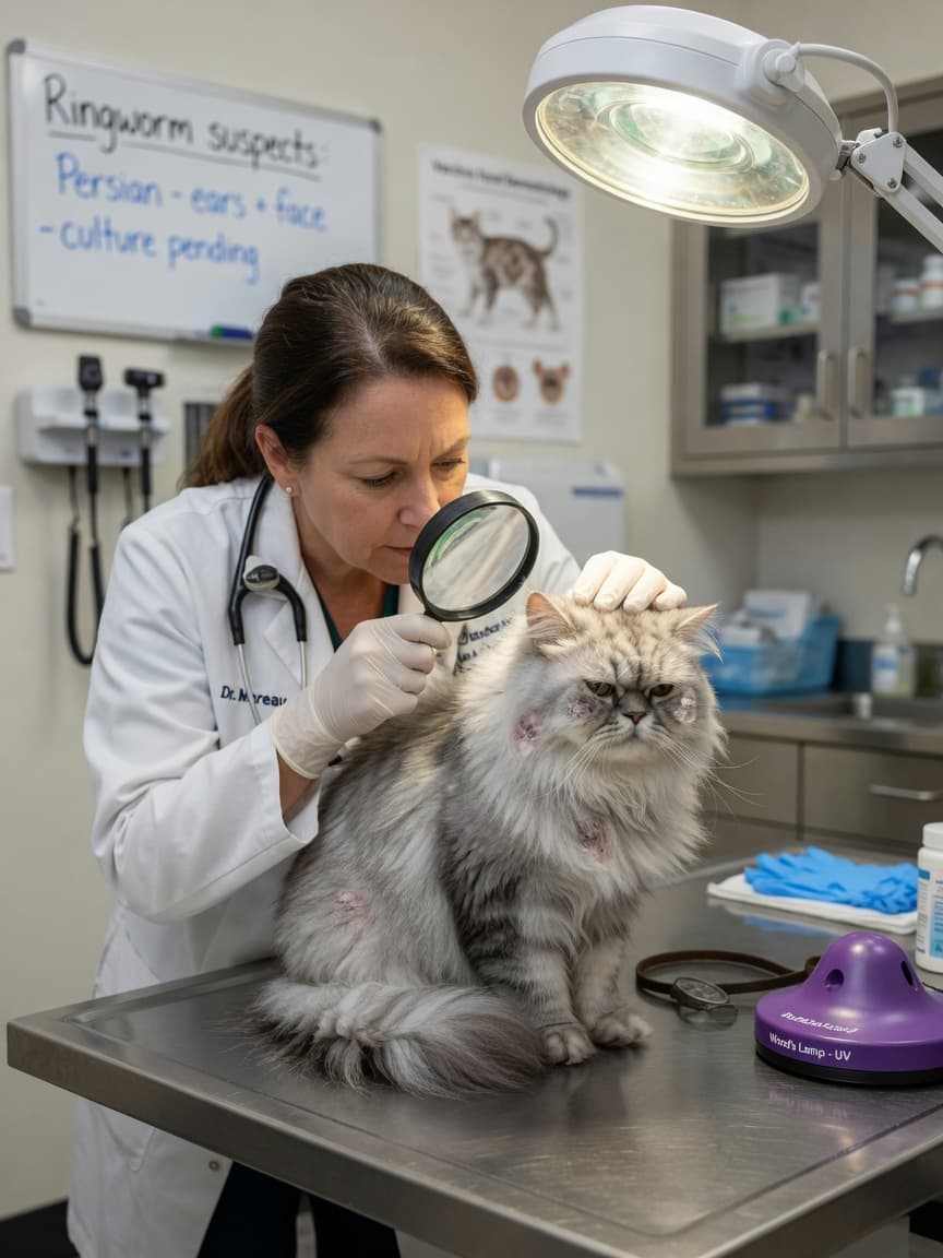 Veterinarian examining a long-haired Persian cat for ringworm lesions using magnification and examination light in a clinical setting