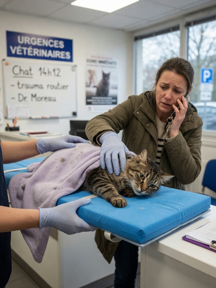 Injured tabby cat being carefully transferred to a stretcher by veterinary staff in an emergency clinic