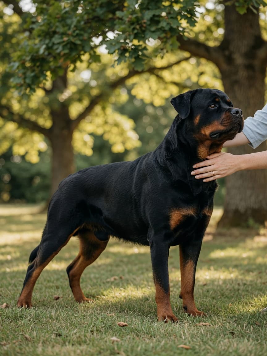Adult Rottweiler with owner's supportive hand on shoulder, showing signs of joint discomfort in natural outdoor setting
