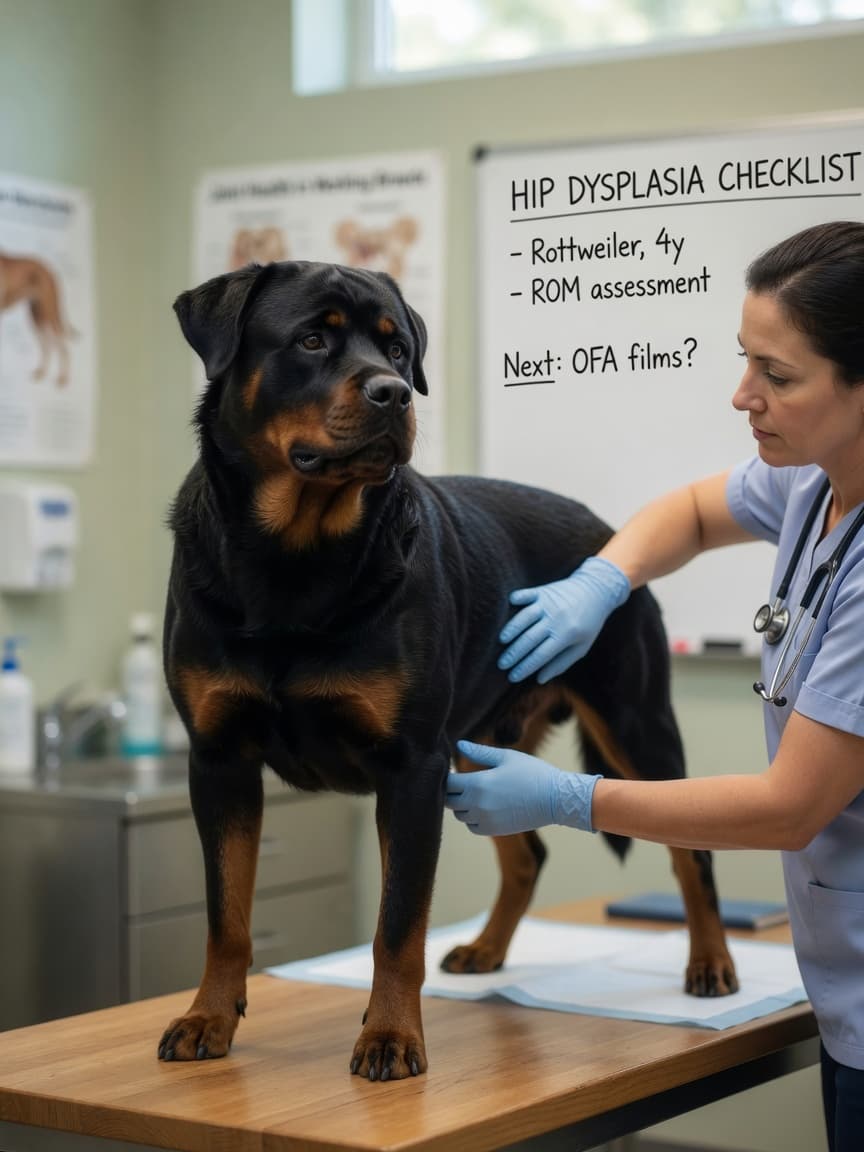 Veterinarian performing joint assessment on a black and tan Rottweiler during a hip dysplasia screening examination