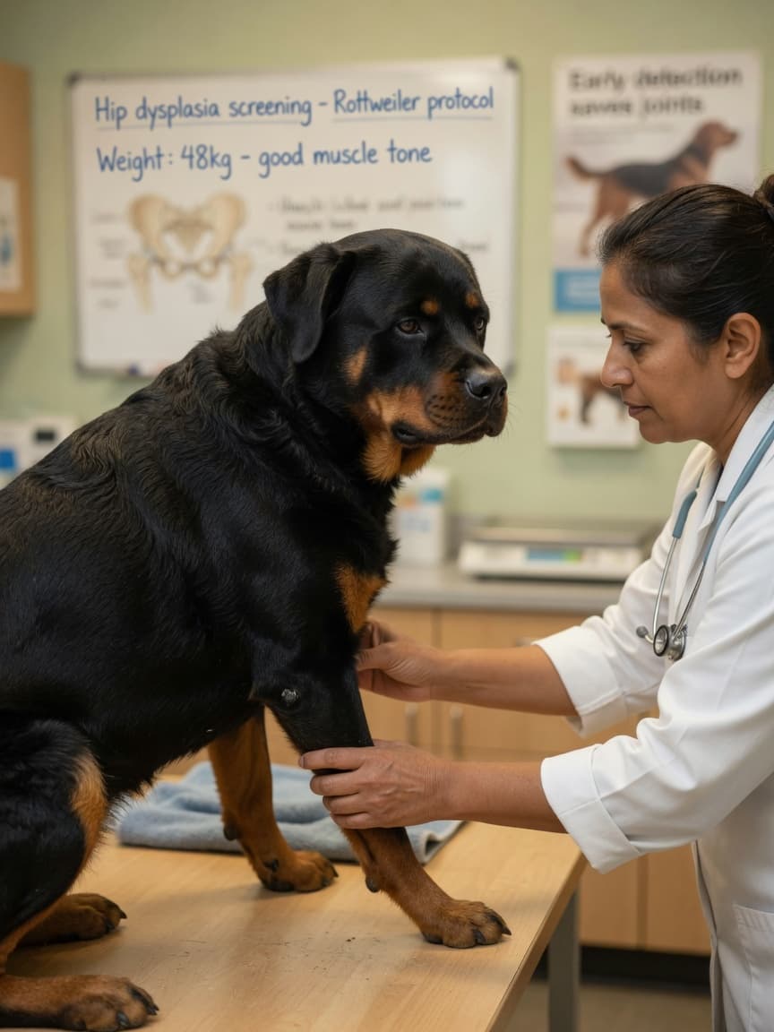 Veterinarian performing a hip examination on a healthy-looking black and tan Rottweiler during a routine joint assessment