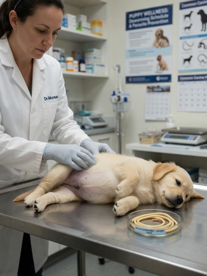 Veterinarian examining a young Golden Retriever puppy with a distended belly on a clinic table, with a roundworm specimen visible in a petri dish nearby.