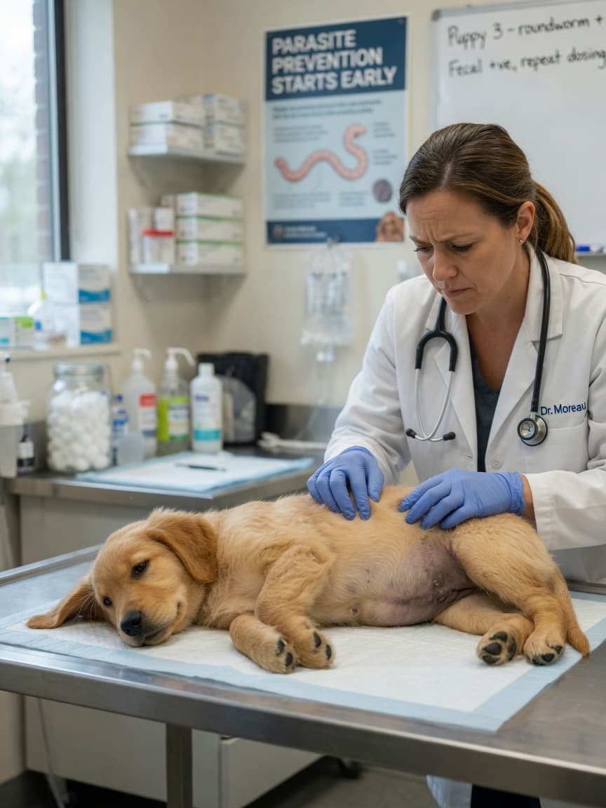 Veterinarian examining a pot-bellied golden retriever puppy on an examination table, demonstrating the physical signs of roundworm infection