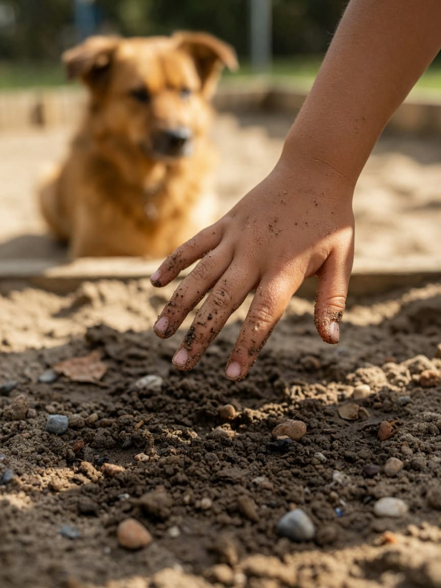 Child's hand touching contaminated soil in sandpit with dog in background, illustrating roundworm transmission risk