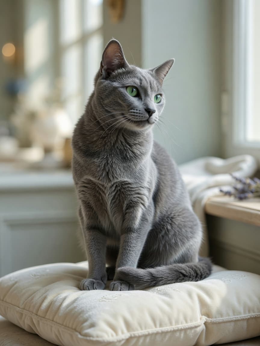 Russian Blue cat with blue-grey coat and green eyes sitting gracefully in natural light