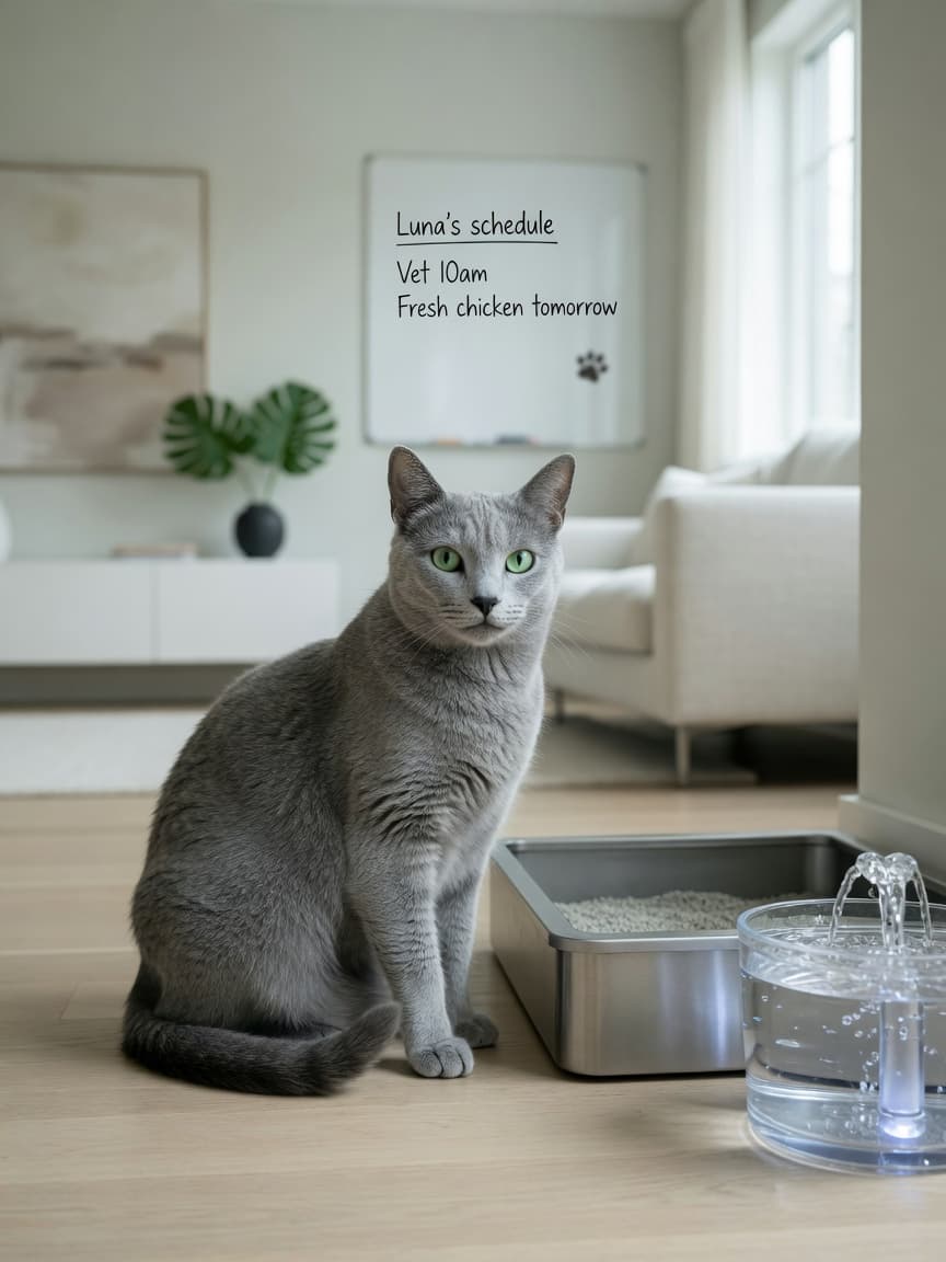 Russian Blue cat with green eyes sitting beside a litter tray and water fountain, illustrating urinary health care