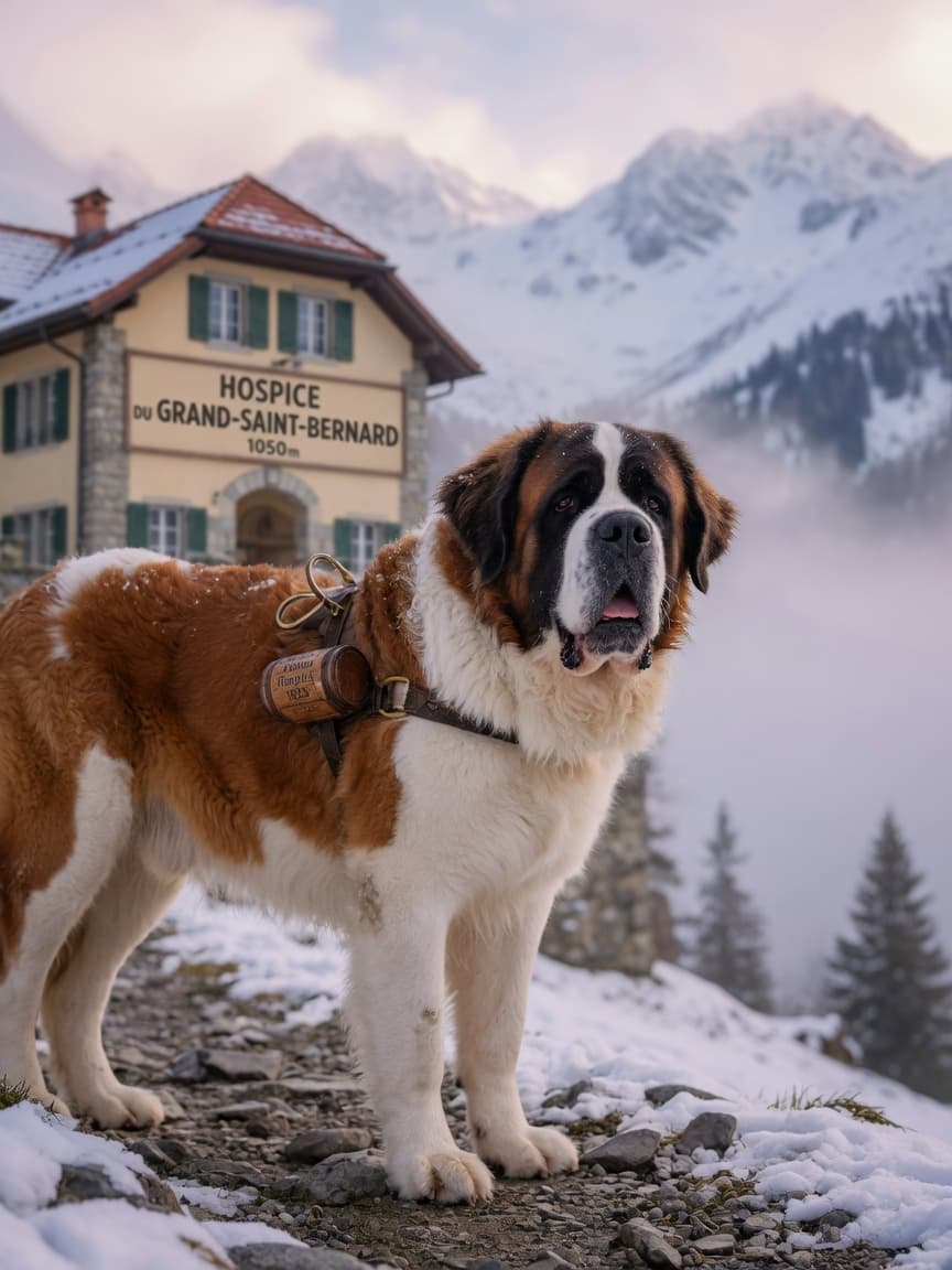 A Saint Bernard in Alpine mountain setting, showing the breed's impressive size and gentle temperament