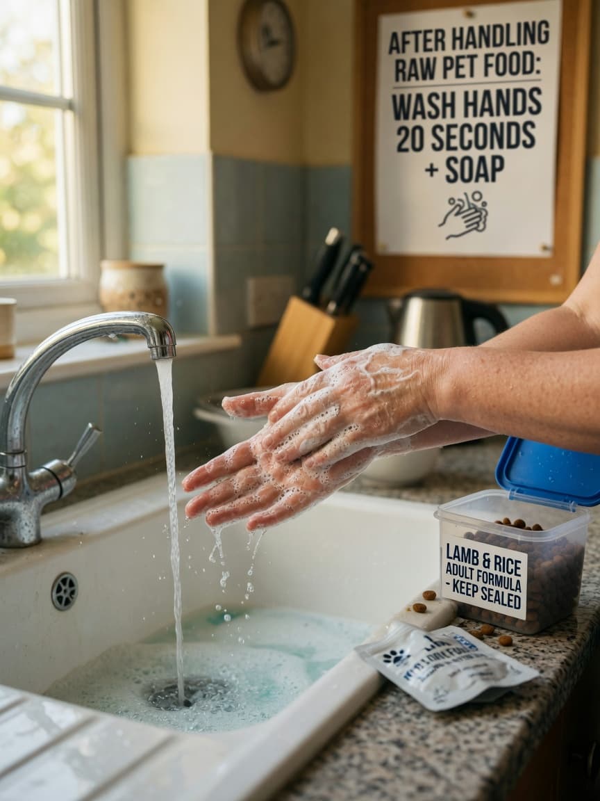 Adult washing hands carefully with soap and water after handling pet food at a kitchen sink