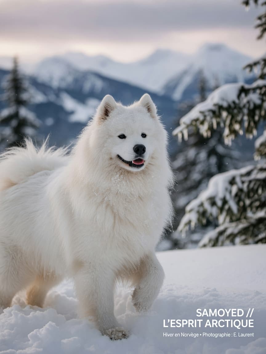 A Samoyed with thick white coat and smiling expression standing in a snowy winter landscape
