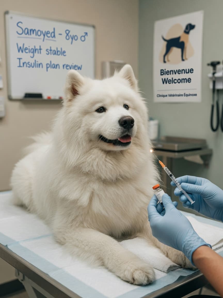 A white Samoyed dog sitting on a vet examination table while a veterinarian prepares an insulin injection, representing diabetes management in the breed