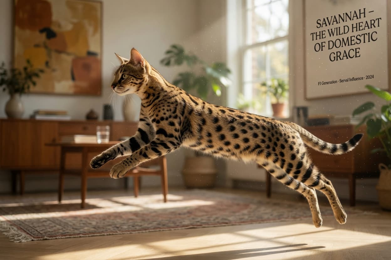 A Savannah cat leaping through sunlit room, showing athletic build and spotted coat