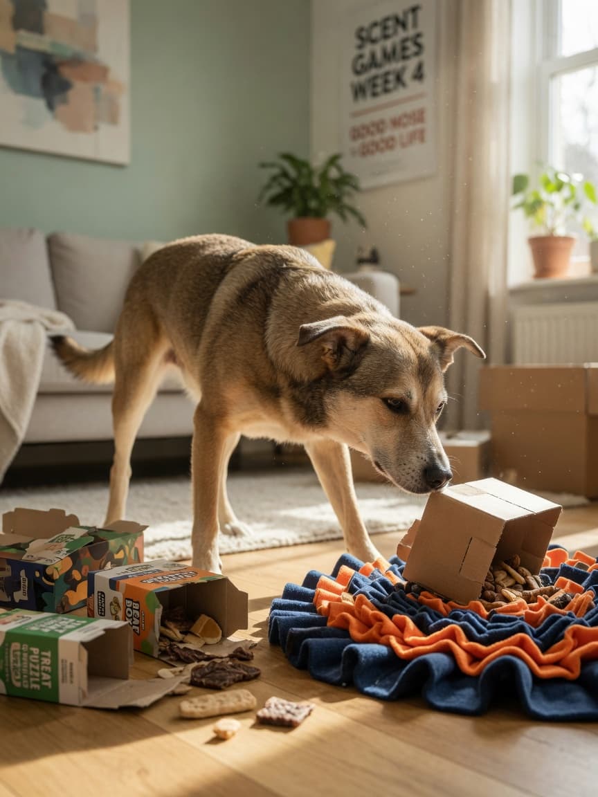 Dog engaged in scent work, nose low to ground near cardboard boxes and snuffle mat, calm and focused expression, bright living room with natural window light