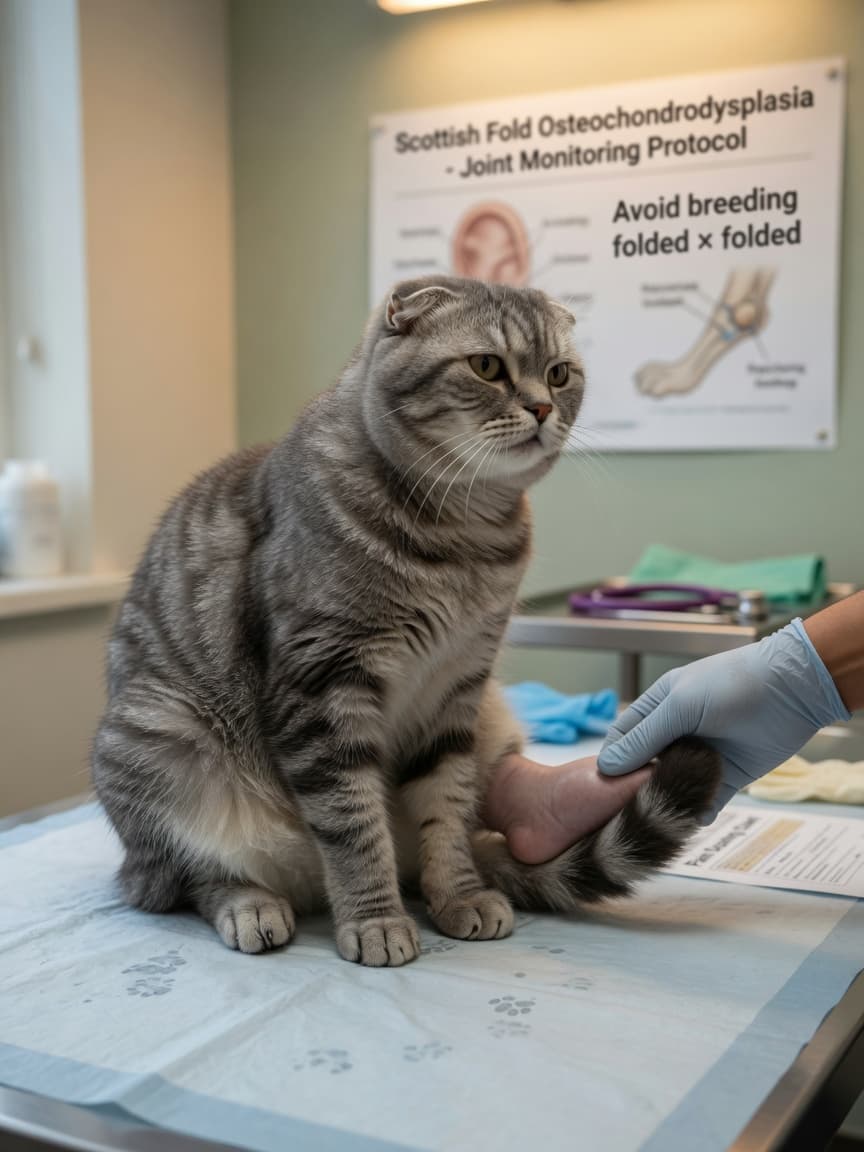 Scottish Fold cat showing signs of joint pain during veterinary examination, swollen hind limbs visible