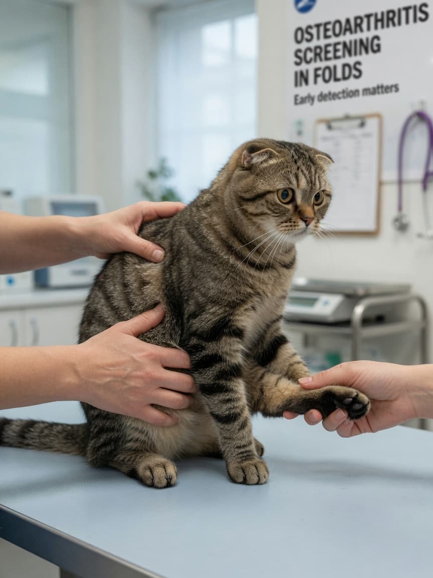 Veterinarian examining a Scottish Fold cat's skeletal structure on an examination table