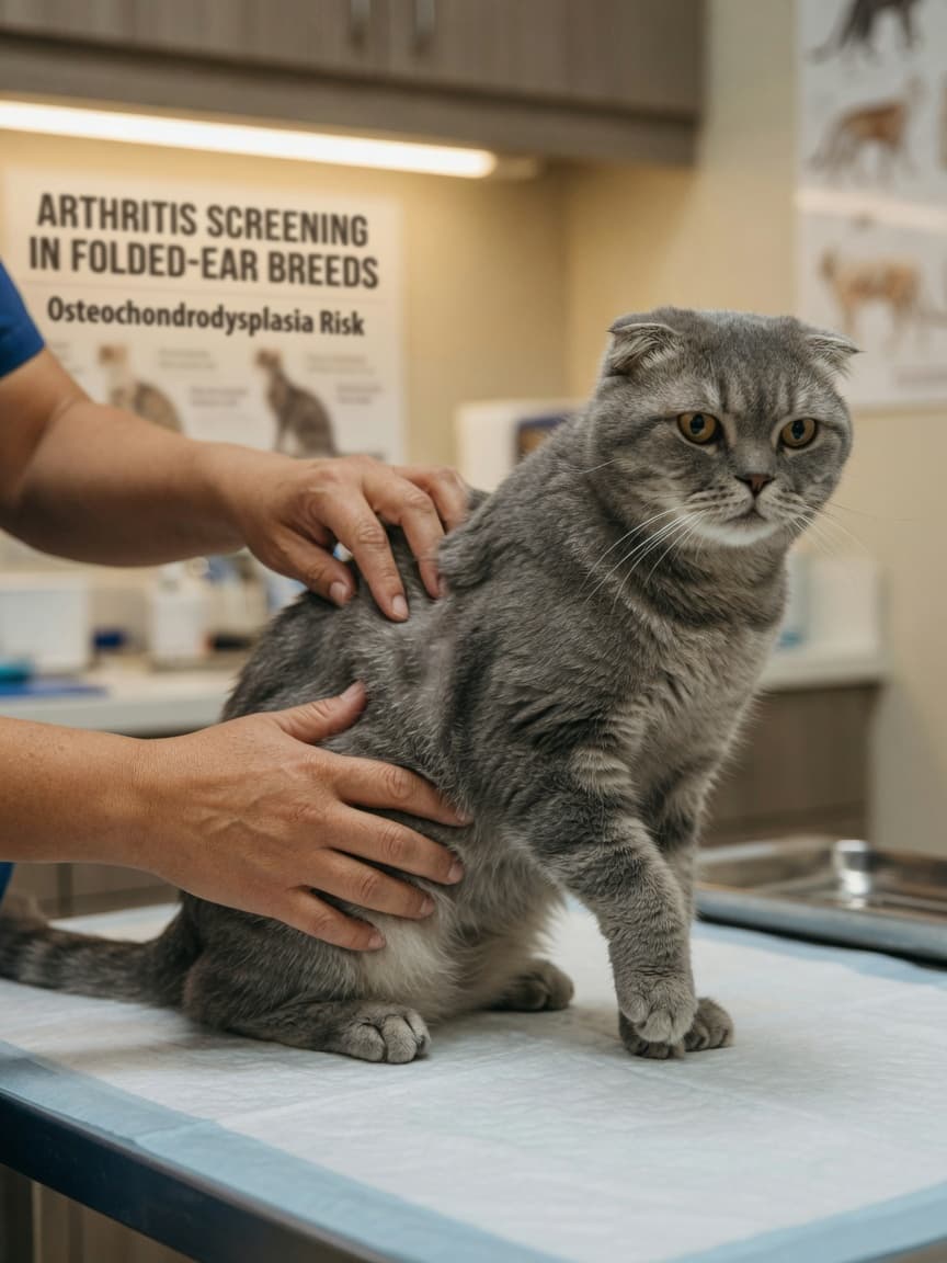 Veterinarian examining a Scottish Fold cat's joints and spine on examination table to check for osteochondrodysplasia