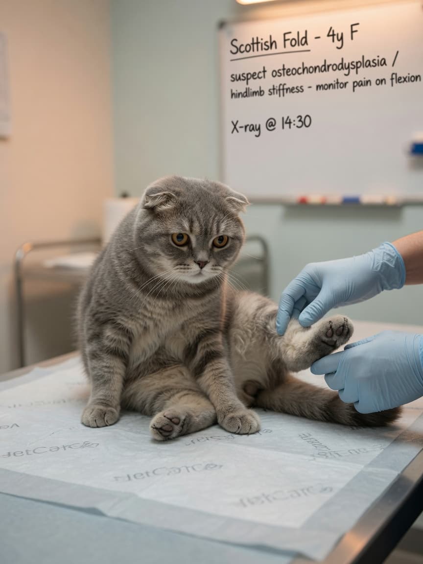 Scottish Fold cat with folded ears on veterinary examination table showing stiff hind leg posture while veterinarian examines joint mobility
