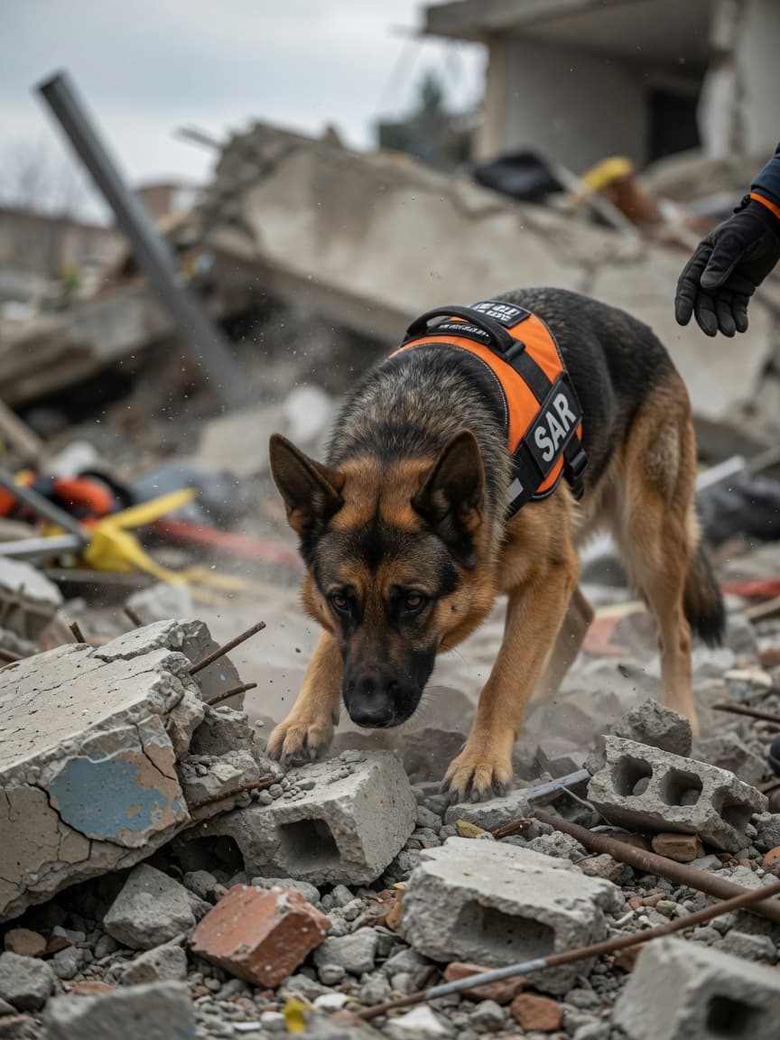 German Shepherd Dog in orange SAR vest searching through concrete rubble and disaster debris, nose to ground in intense scenting work