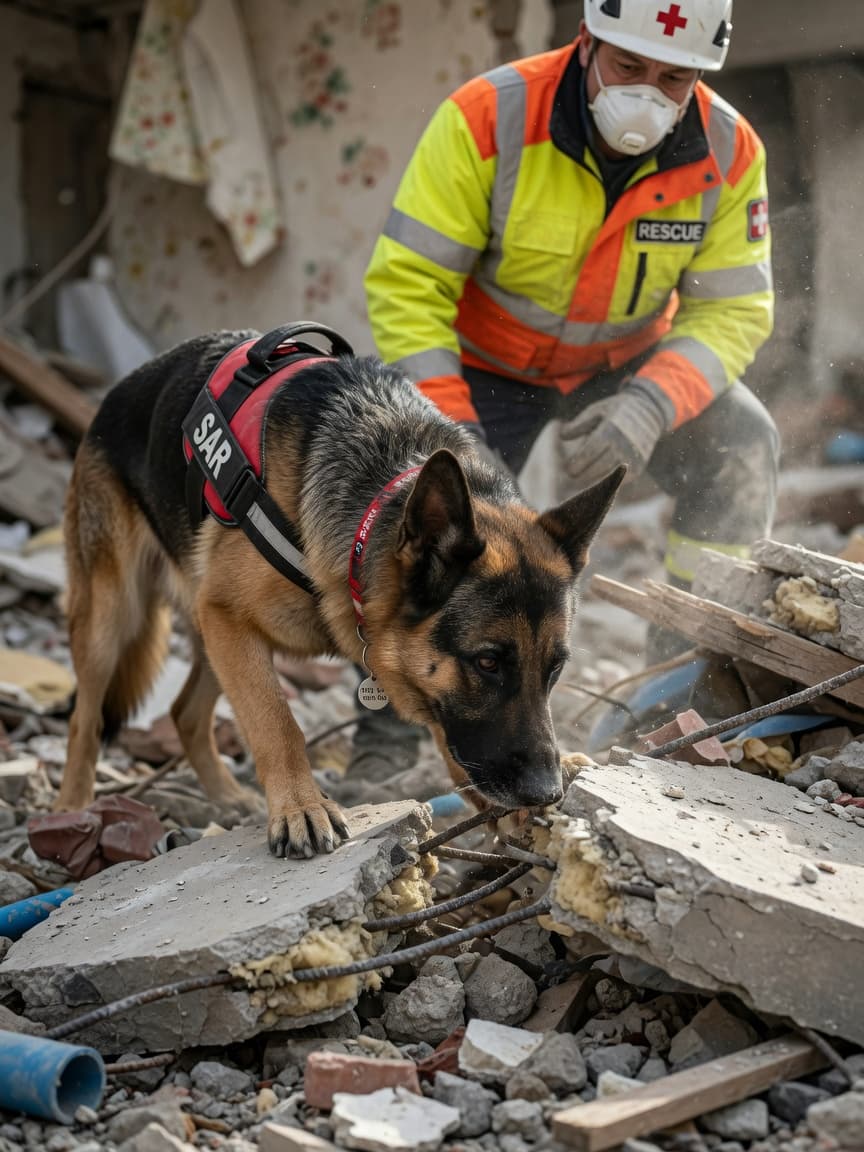 German Shepherd SAR dog with dark tan and black coat working through earthquake rubble, nose lowered to track scent, handler in rescue gear behind, wearing red harness