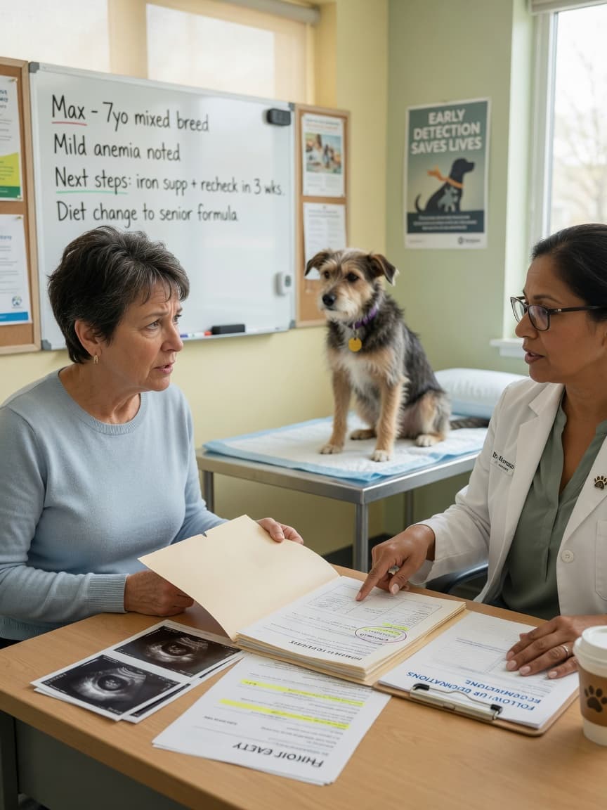 Veterinarian and pet owner discussing medical information during a consultation in a veterinary clinic