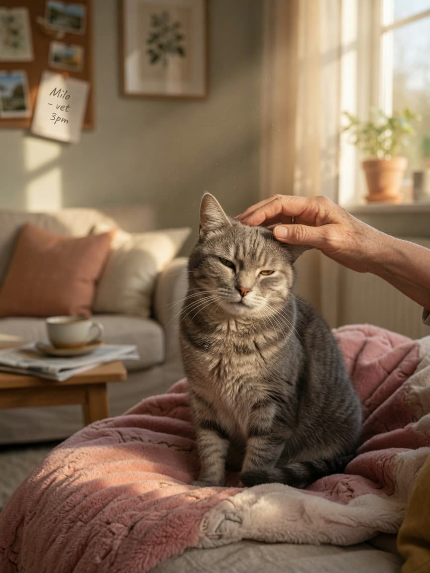 Senior grey tabby cat resting peacefully on a soft blanket with owner's hand gently stroking its head in warm sunlight