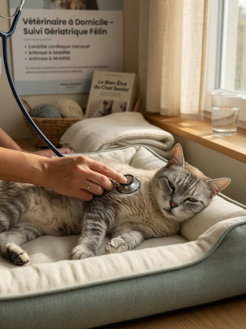 Senior cat receiving gentle veterinary examination during health check