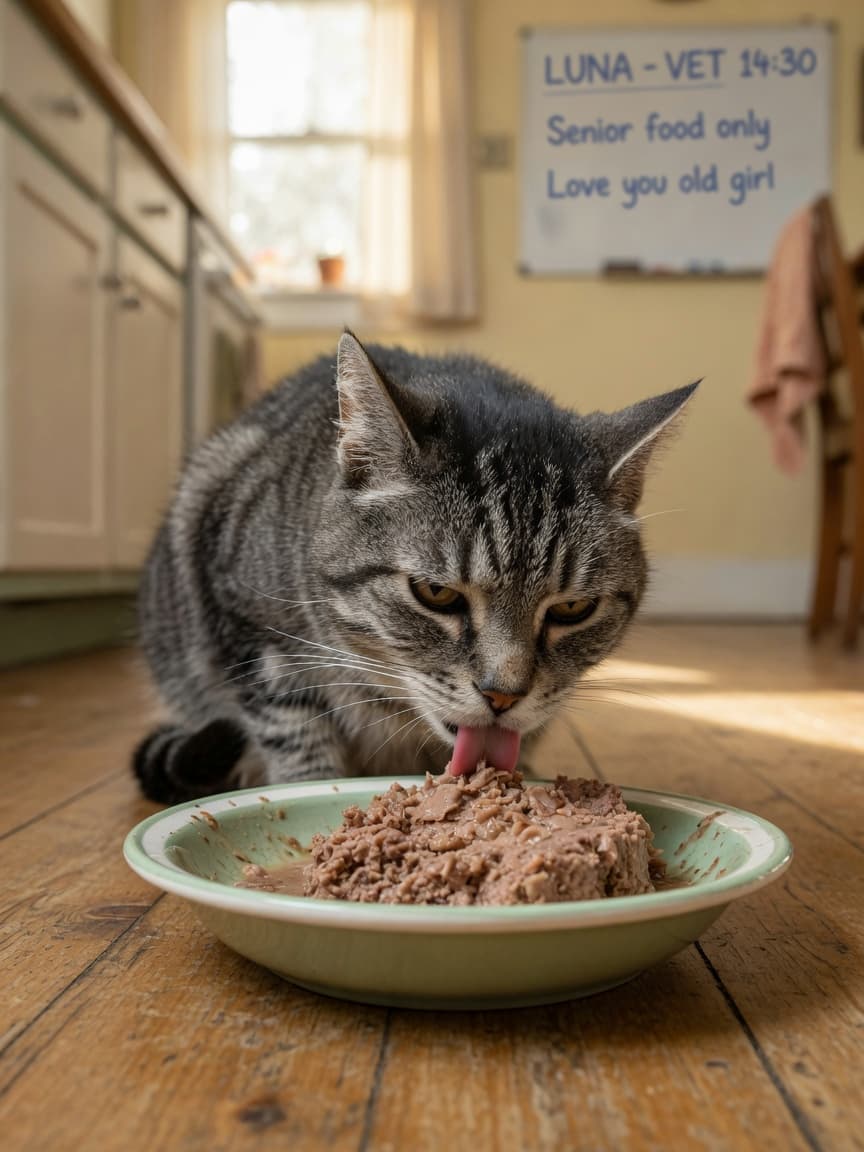 Senior tabby cat eating wet food from a ceramic bowl during mealtime