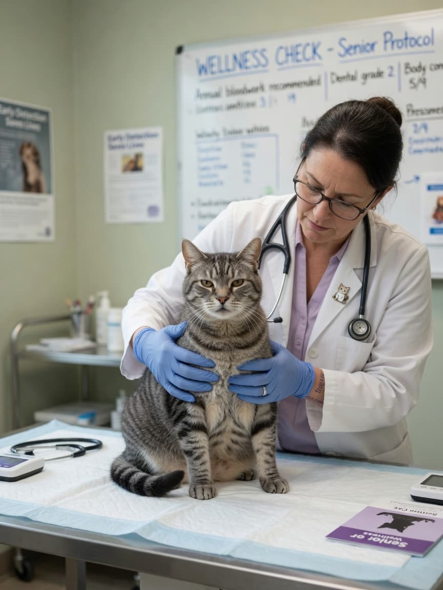 Senior tabby cat receiving a thorough abdominal examination from a veterinarian during an annual wellness checkup