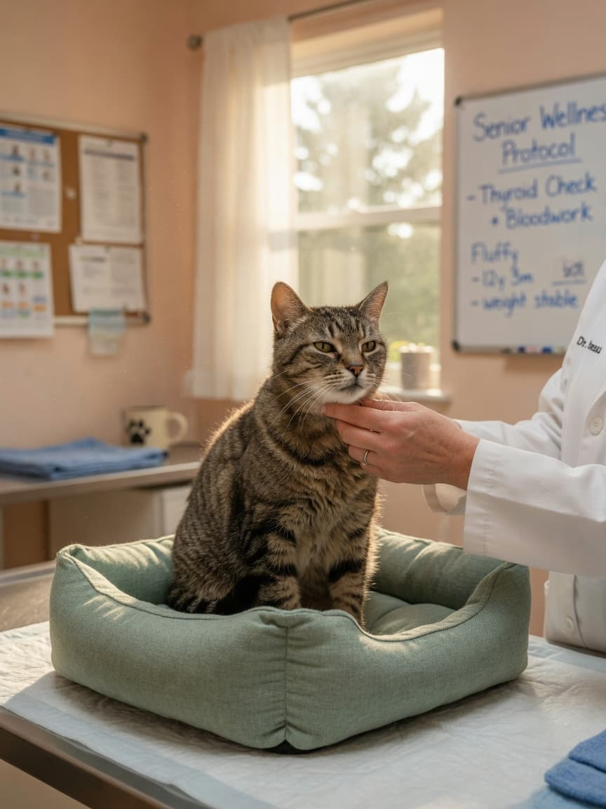 Senior cat receiving veterinary neck examination for thyroid assessment