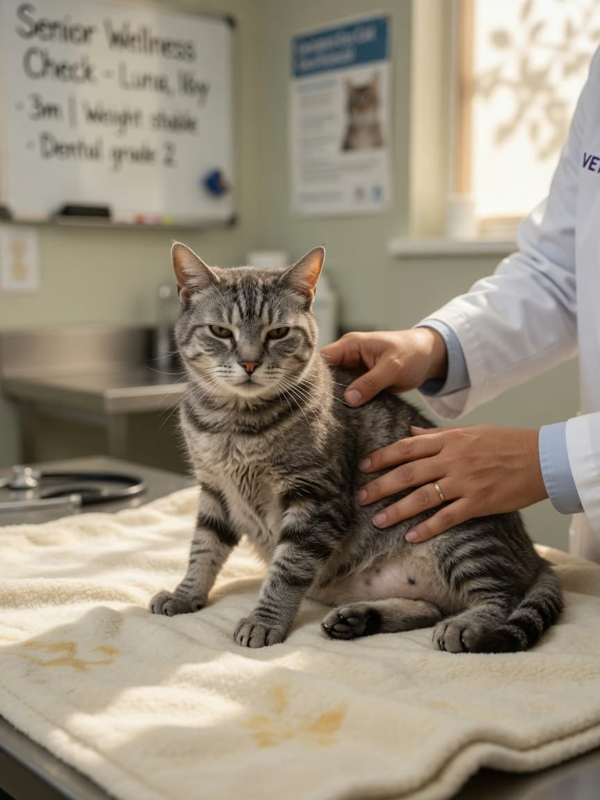 Senior tabby cat receiving a gentle veterinary examination from a vet in a warm, well-lit clinic room