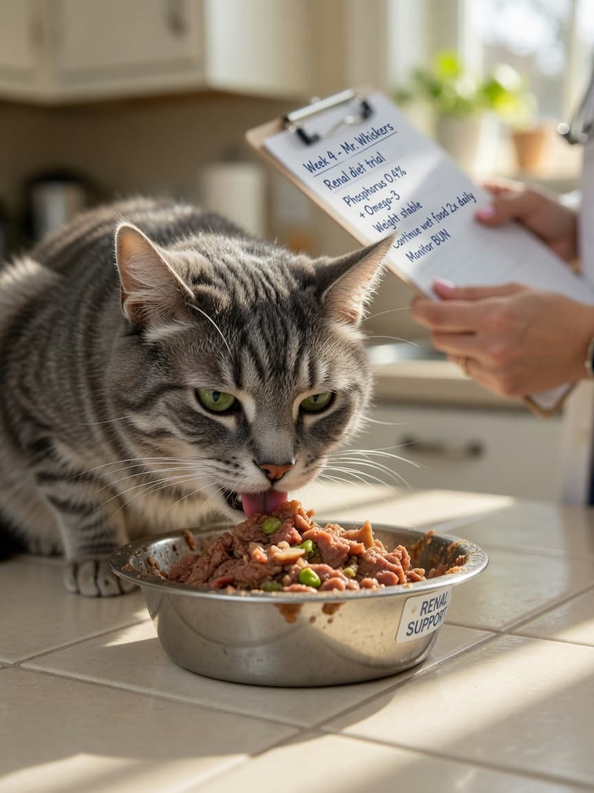 Senior gray tabby cat eating kidney-friendly food from a stainless steel bowl during mealtime