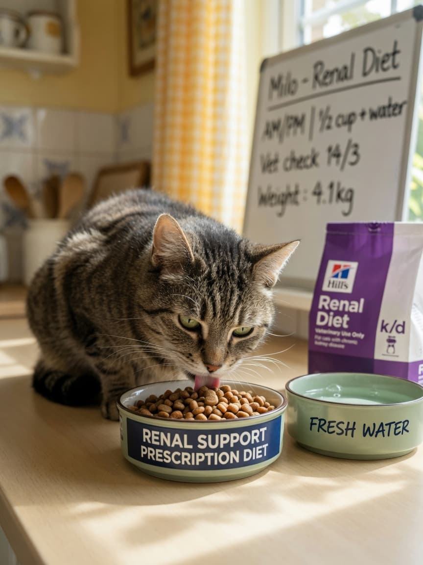 Senior tabby cat eating specialized renal diet food from a bowl in bright kitchen light