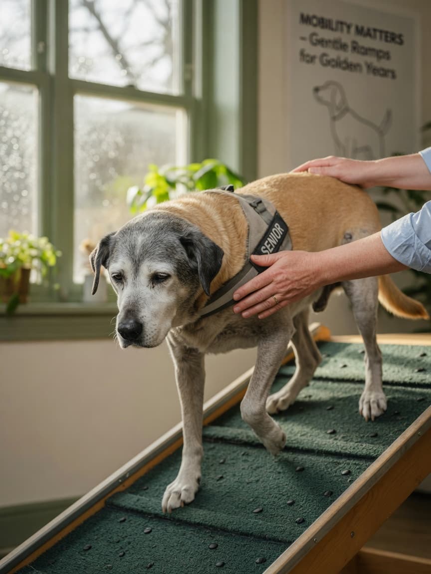 Senior dog being guided up a padded ramp by owner's hands, showing careful mobility support for arthritic movement