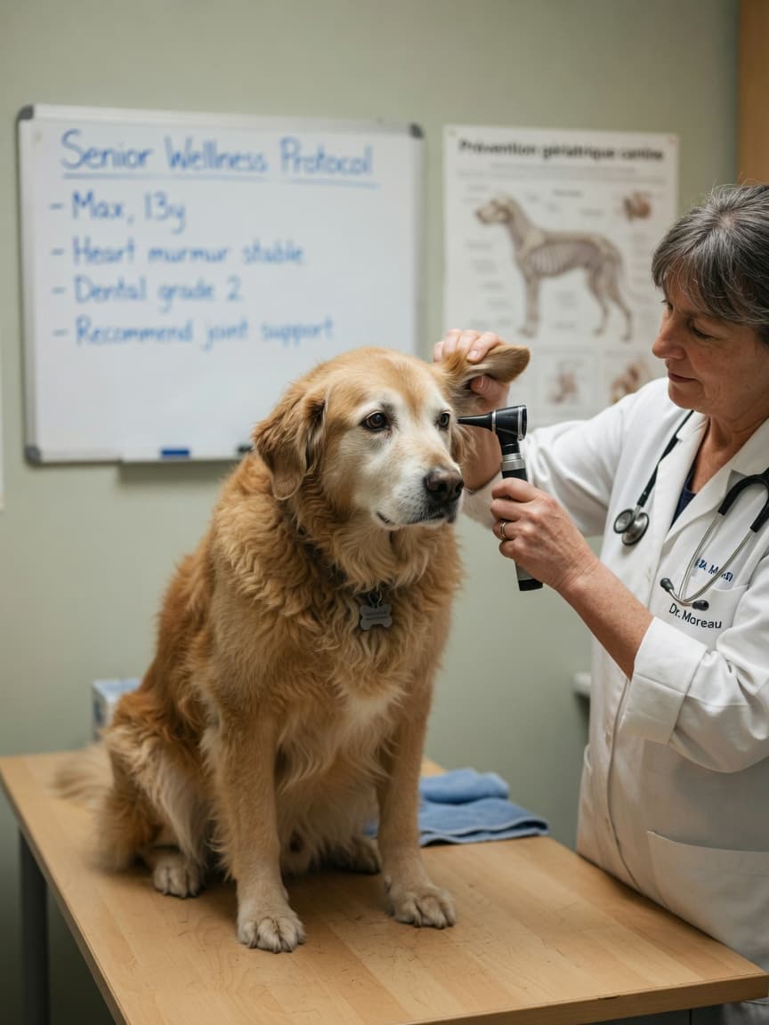 Elderly dog receiving biannual veterinary health check from experienced vet using otoscope during preventative senior care examination