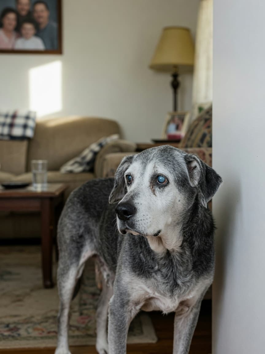 Senior dog with grey muzzle standing disoriented in corner, staring blankly at wall