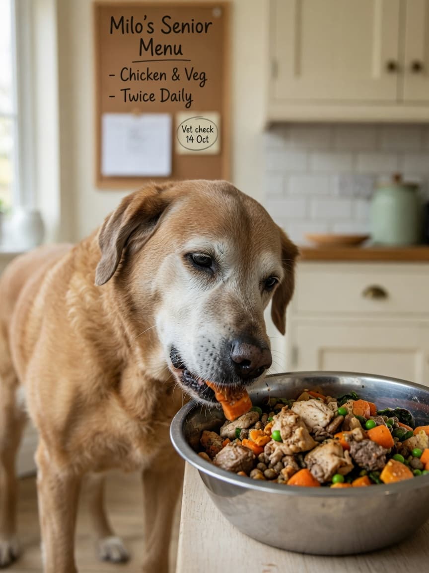 Senior dog eating from a bowl of nutritious senior dog food in warm kitchen light, showing healthy appetite and engagement with meal