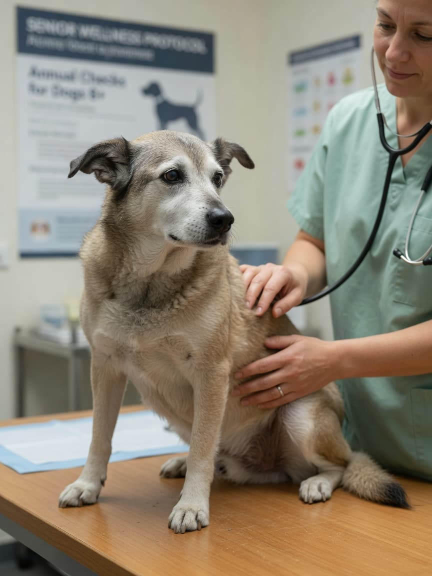 Senior dog receiving a veterinary health examination from a veterinarian on a clinic table