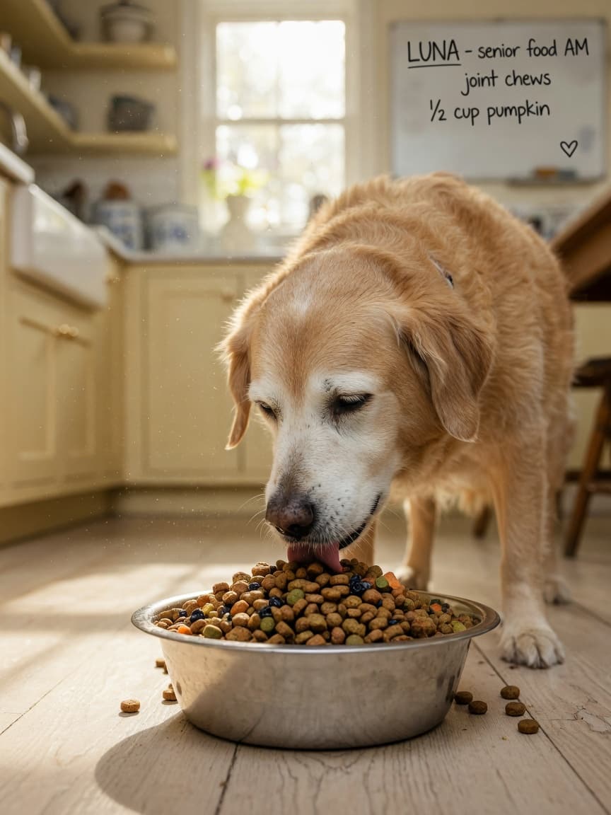 Senior dog with gray muzzle eating from a bowl of quality senior dog food in a sunlit kitchen