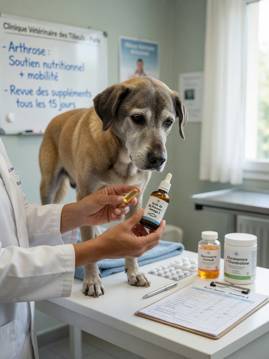 Senior dog at vet clinic with supplement bottles and capsules displayed for evaluation
