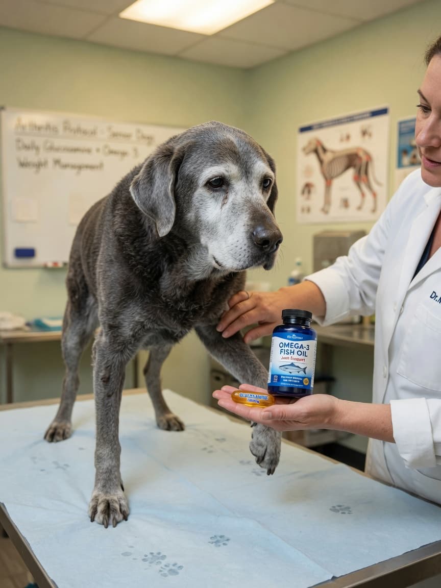 Senior dog on vet table with veterinarian holding supplement capsule and fish oil bottle demonstrating joint support